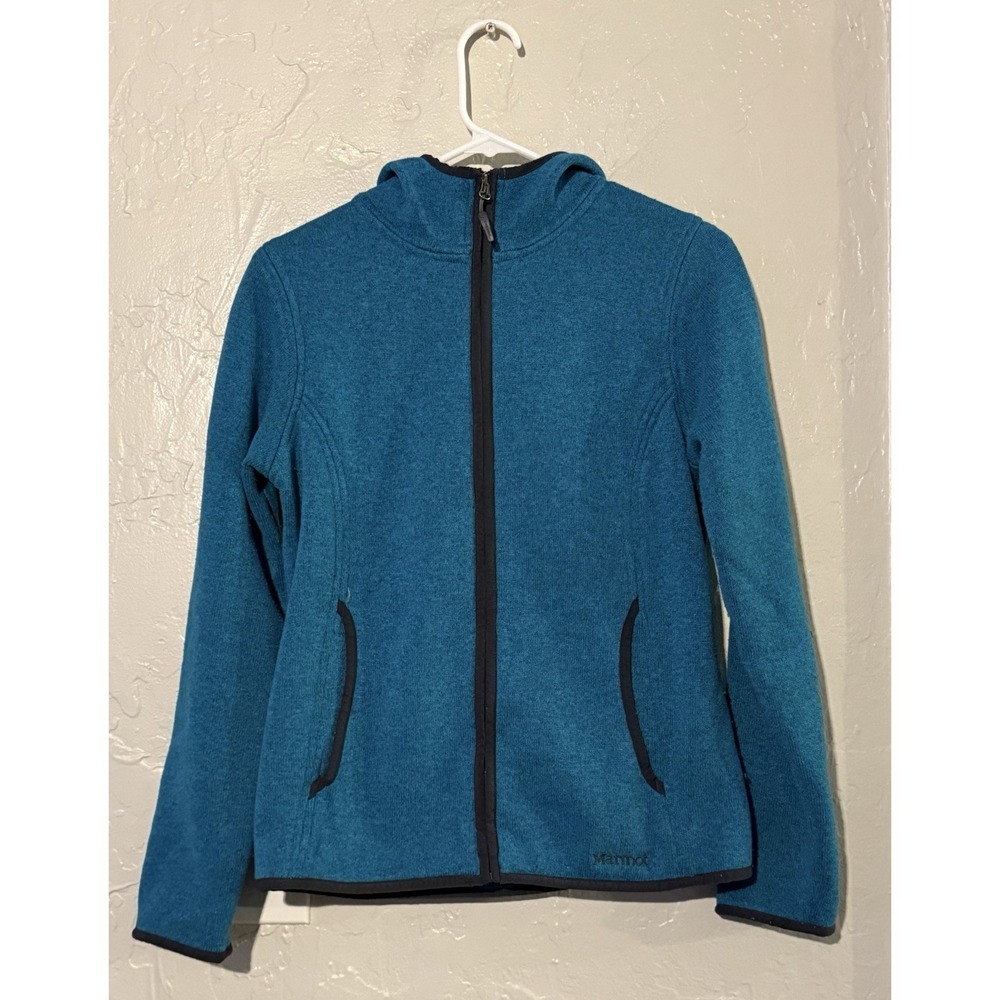 Marmot Norhiem Sweater Knit Fleece Jacket in a heathered blue-teal color Medium